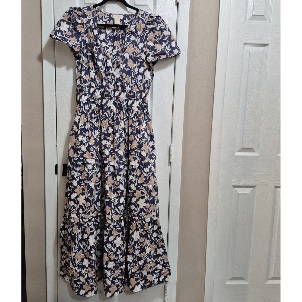 Cynthia Rowley Floral Midi Dress Navy Beige White Short Sleeve Smocked Waist L